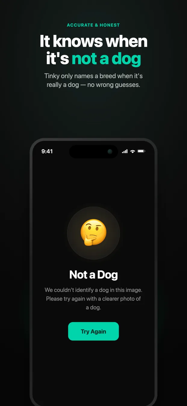 Tinky 'Not a Dog' screen shown when no dog is detected in the photo